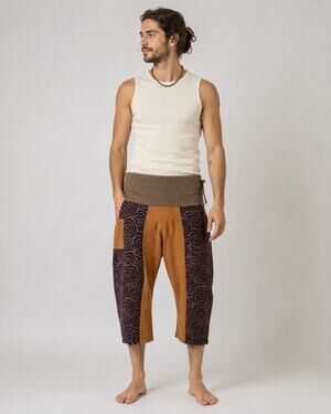 Men’s Boho Patchwork Harem Pants Cropped Spiral Print Festival Hippie One Size